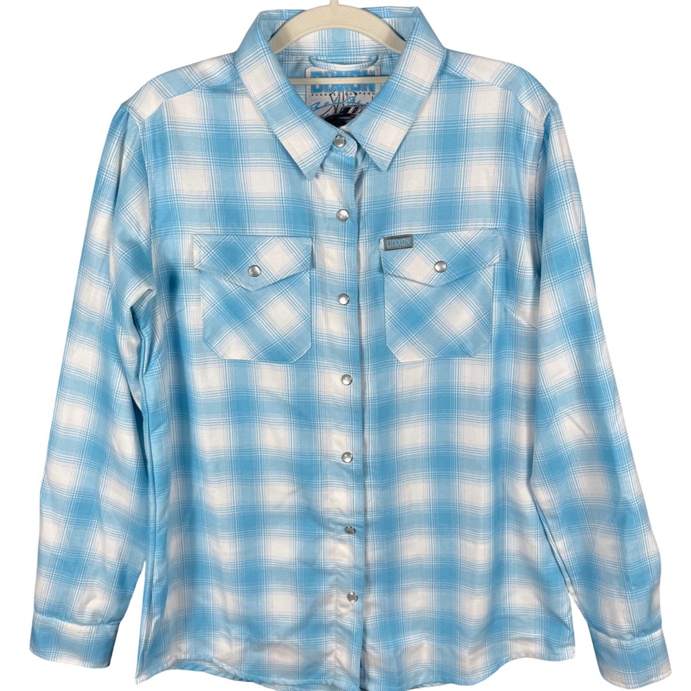 Dixxon Flannel Co Bel-Air Shirt Women Large Blue White Plaid D-Tech Snap Button